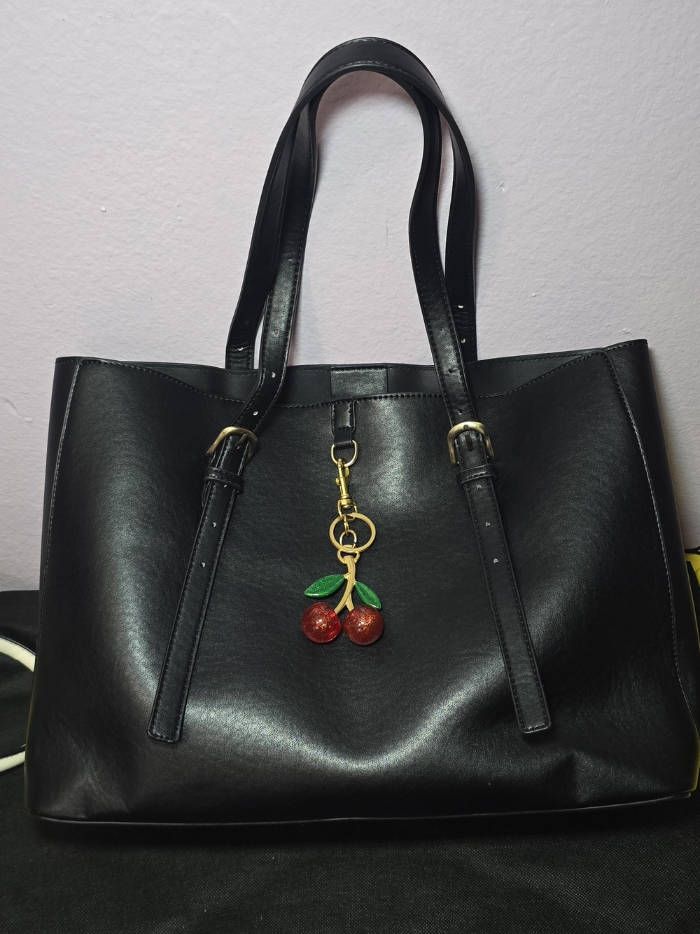 Black Leather-Look Tote with Cherry Charm